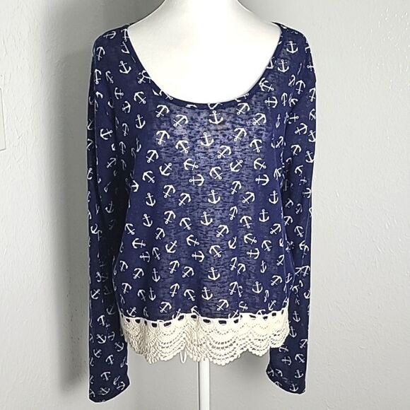 Rue21 Navy Blue Top with White Anchors Print, Embroidered Hemline, Size XL - Picture 1 of 8